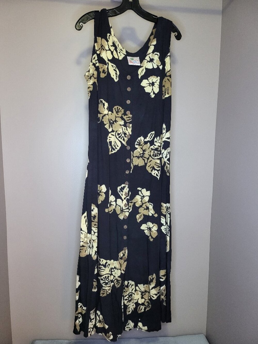 Club Mystique Hawaiian Floral Maxi Dress Black Beige Button Front Tie Back Small